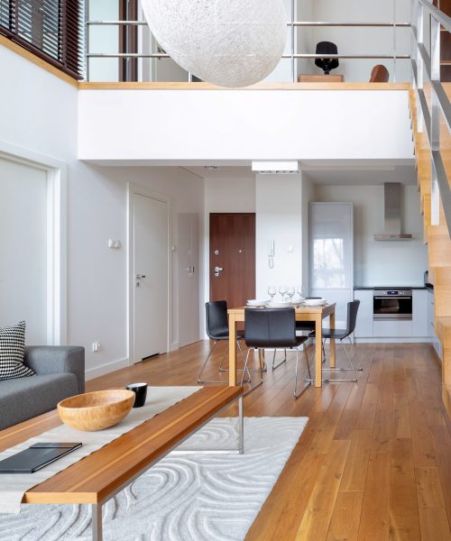 Two-floor open space apartment with wooden stairs and hardwood floor