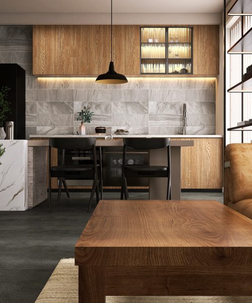 Luxury apartment living room with brown sofa, wooden coffee table, dining table, kitchen, tree, in sunlight from window for interior design decoration, product background 3D